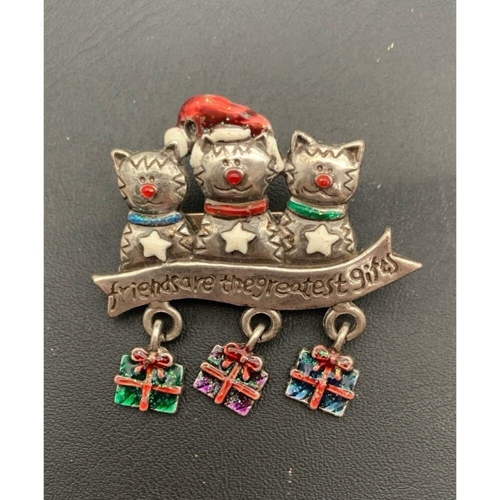 Christmas AJMC 3 Cats Pin Brooch Banner‎ "Friends Are The Greatest Gifts"